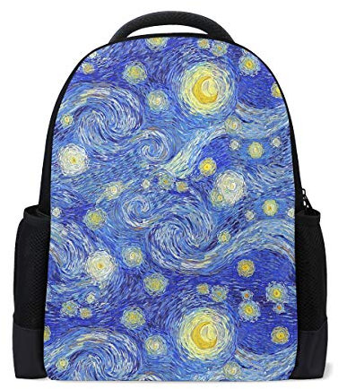 Van Gogh Starry Travel Laptop Rucksack Schule Buch Tasche Galaxy Sky Yellow Moon Casual Daypack Outdoor Business Wandern Rucksäcke Camping Schultertaschen für Studenten Damen Herren