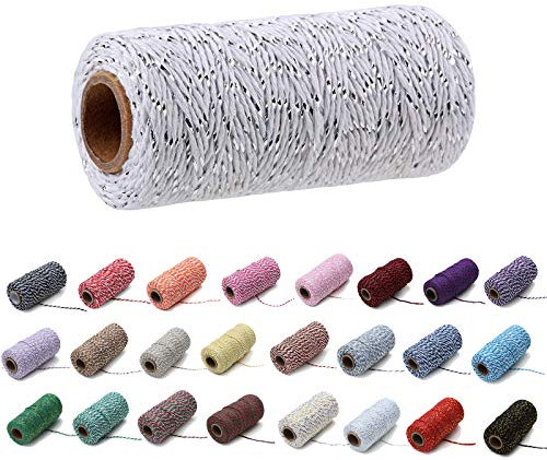 100 Yard/2 mm Baumwollseil, bunt, Handwerk, Kordel zum Stricken, für Geschenkverpackungen, Handwerk (Silberfaden und Weiß)