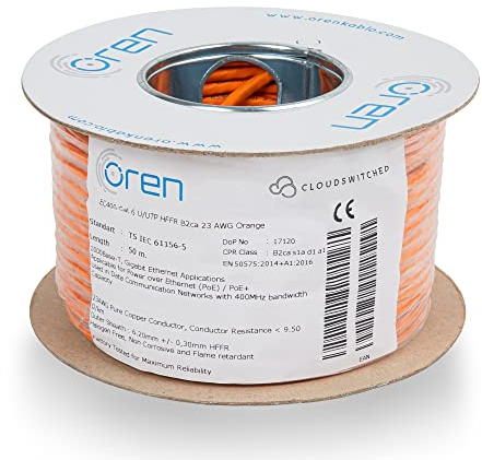 Oren CAT6 50m Cavo Ethernet - 23 AWG Cavo in Rame Nudo- B2ca- 400 MHz Larghezza Banda UTP Cavo di Rete LAN Internet – senza alogeni, anticorrosivo, antifiamma- Cavo Ethernet ad Alta Velocità Gigabit