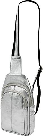 SH Leder echt Leder Damen Unisex Brusttasche für Festival Reise mittelgross Hüfttasche Crossbody Bag Frauen Ledertasche 16x29cm Anita G545 (Silber)