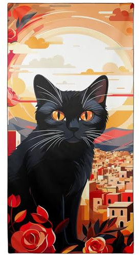 Zomer Strandtuch groß 90x180 cm Badetuch mit Schwarze Katze Badetuch Hochwertiges Schnelltrocknend Mikrofaser Towel mit Motiv