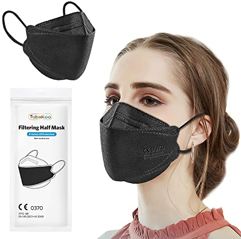 TubeRoo FFP2 Maske schwarz Fischform 10 Stück Masken, weiche runde Ohrschlaufen Gummiband, Atemschutzmaske, Fisch Maske, Mundschutz, Schutzmaske