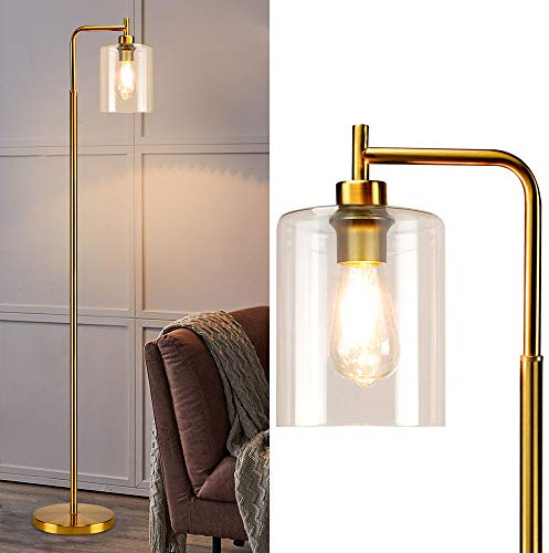 Depuley, Lampadaire LED doré avec interrupteur à pied, liseuse rétro minimaliste E27, 110-240V, max 60W, lampadaire en verre et métal, adapté à la chambre à coucher, au bureau, au salon