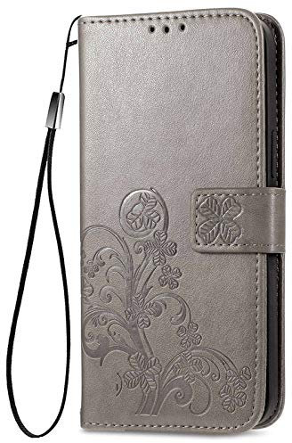 GOKEN Coque pour Honor X7, PU Cuir Housse TPU Flip Portefeuille Etui avec Carte Fente & Stand Fonction & Motif Relief, Magnétique Protection Case Cover, Grise