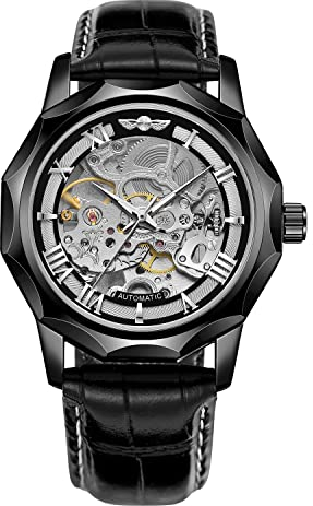 FORSINING Dodecagon Men's Automatic Mechanical Watch Roman Numerals Skeleton Genuine Leather Tourbillon, Black -, Classic