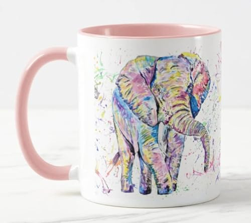 Vixar Elephant Forward Facing Adult Wild Animal Watercolour Art Coloured Mug Cup Gift Birthday Work Office Christmas Tea Coffee (Pink)
