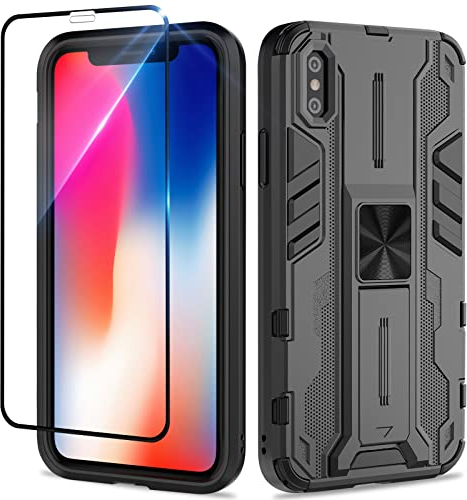 Btstring Hülle kompatibel mit iPhone X/XS mit Schutzfolie, Militär Standard Cover Case Standfunktion Handy Hüllen Schwarz