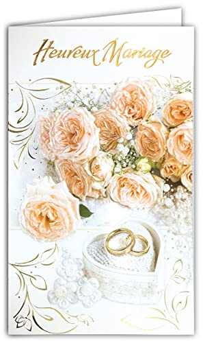 13-6143 Carte avec Enveloppe blanche Heureux Mariage qui brille avec EN RELIEF Bouquet de Roses de la mariée 2 Alliances Boîte Cœur Perles Papier Nacré Gaufré Félicitations Style traditionnel