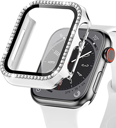 EIHAIHIS Custodia Bling per Cover Apple Watch 44mm, Bumper Protettivo PC Rigido con Pellicola Protettiva per Schermo in Vetro Temperato per iWatch Series 6 5 4 SE, Bianco+Argento