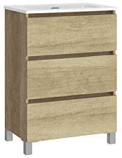 Baikal, Conjunto de baño Natura. Mueble de Baño de Fondo Reducido, con Lavabo cerámico. Distribución Tres Cajones. Mueble MONTADO. Tres Cajones sin Espejo. Fondo 39cm 50 cm Nature