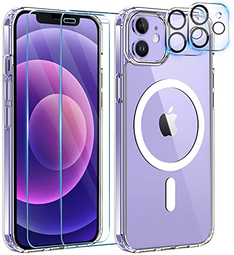 YisrLery Magnétique Coque pour iPhone avec 2 Verres Trempés et 2 Caméra Protecteur, Compatible MagSafe Dos Anti Rayures Coque Antichoc TPU Bumper (Transparent, iPhone 12)