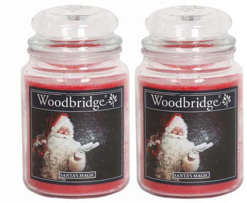 Woodbridge Große Duftkerze im Glas mit Deckel | 2er Duftkerzen Set Santa's Magic | Duftkerze Weihnachten | Kerzen lange Brenndauer | Raumduft für Zuhause | Kerze 2 Docht