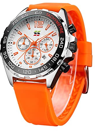 FORSINING Mode Chronograph Herren Uhren Silikon Band Sport Quarz Herren Armbanduhr Casual Business Wasserdicht Big Dial Analog Display, Orange, Gurt