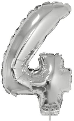 PARTY DISCOUNT NEU Mini-Folienballon am Papierstäbchen, Zahl 4, Silber, ca. 40cm