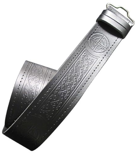 Tartancity Echtes handgefertigtes Herren-Ledergürtel, keltisch, geprägt, Klettverschluss, für Kilt, Schwarz, Wirbel keltischer Knoten, XL