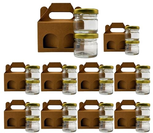 Espirito Rebelde Lot de 20 pots en verre vides avec couvercle de 30 ml avec 10 bôites en carton pour 2 pot de confiture - Inclut un couvercle à vis doré, pour confitures, conserves, miel