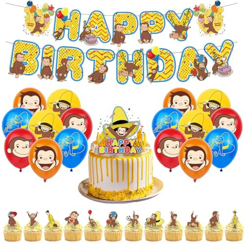 SMLHPARTY Decorazioni Compleanno Curioso George: Palloncini, Topper Torta, Striscione, Festone - 30 Unità, Giallo