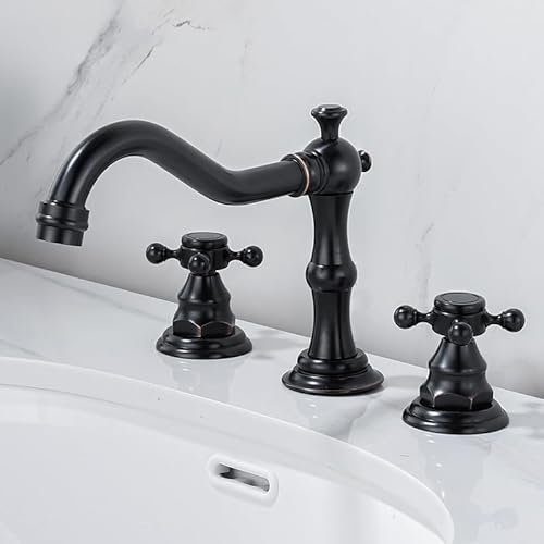 ZYCDP Rubinetto Bagno Lavabo 3 Fori Doppia Manopola a Croce Rubinetto Bagno Tre Tori Rubinetto per Acqua Calda e Fredda, Nero Antico
