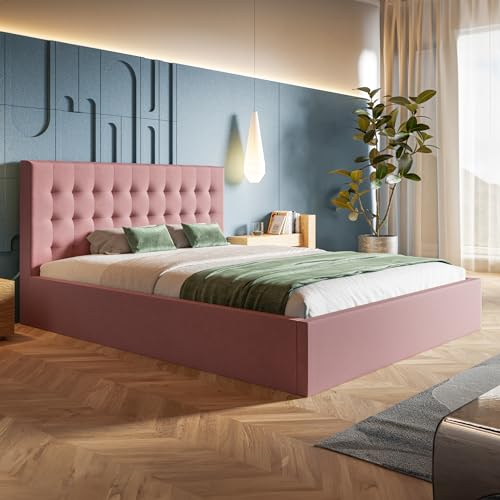 MOTIVENA Lili Polsterbett 160x200 Rosa Mit Bettkasten, Stauraum, Lattenrost Und Kopfteil - Samt - Ohne Matratze