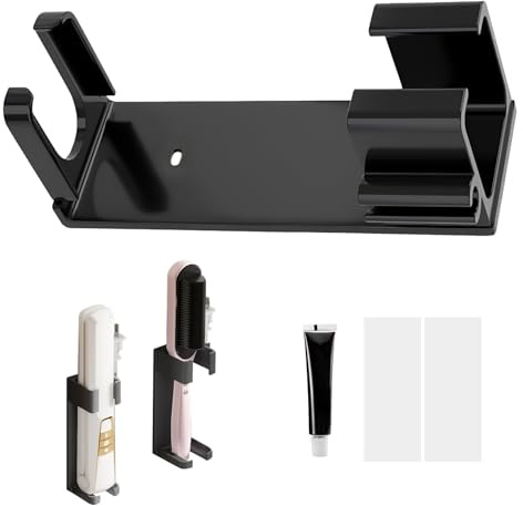 Wandhalterung Lockenstab Wand Halterung Glätteisenhalter, Aluminiumn Ständer, Selbstklebend mit Steckerhalter für Haarstyler Haarglätter Glätteisen im Badezimmer, Schwarz (schwarz)