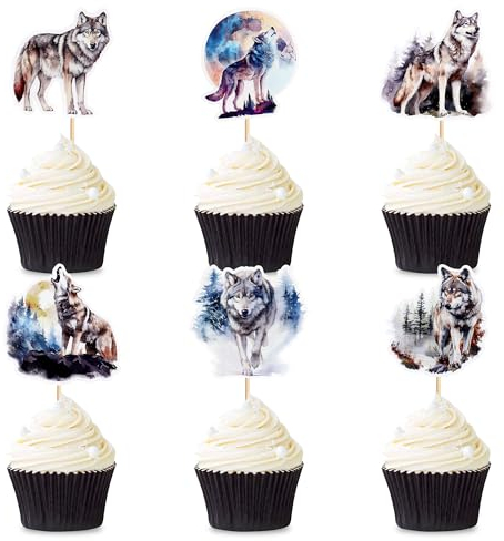 Blumomon 24 Stück Wolf Cupcake Topper Dschungel Safari Tiere Kuchen Dekoration Tiere Figur Kuchen Topper Picks für Babyparty Kindergeburtstag Party Supplie