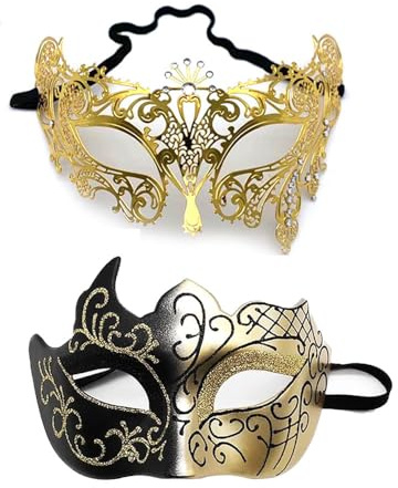 YIMINI 2 Pièces Masque Vénitien Masque, Masque En Métal, Masques De Bal Masqué, Couple Masque, Hommes Masque Vénitien, Pour Homme, Femme, Bal, Fête