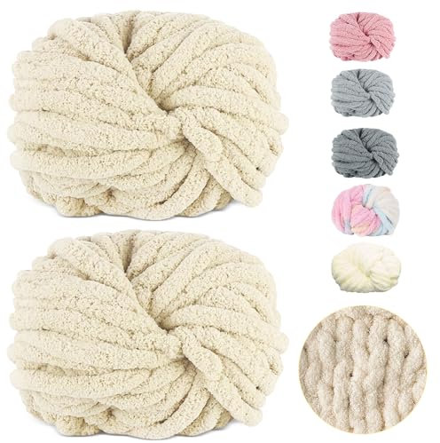 Dicke Wolle Garn 500 g(250 g*2) ca.54 m, Beige Chunky Wolle, Super Soft Chenille Chunky Yarn, Grobstrick Weiches Wollgarn, Soft Arm Knitting zum Häkeln Decke, Schals, Mützen, Decken, Zierkissen