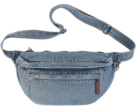Extolove Denim-Bauchtasche, große Brusttasche, Jeans-Geldbörse für Damen, Denim-Geldbörse, Crossbody-Tasche mit verstellbarem Riemen, Hell, blau, Large