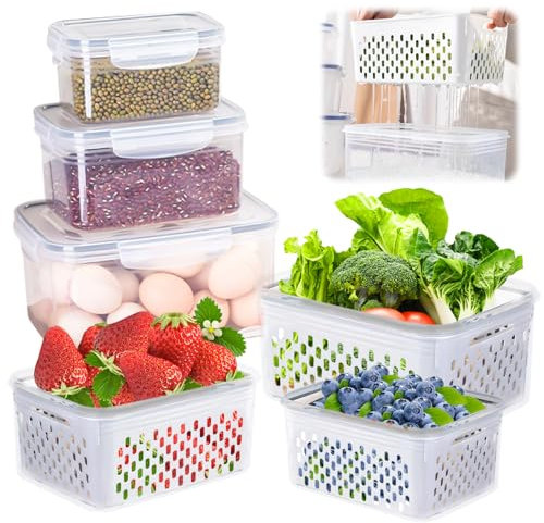 RANJIMA Frischhaltedosen mit Deckel Abtropfgitter,3er Set Aufbewahrungsbox mit abnehmbaren Abfluss Tablett,Kühlschrank Organizer Set,Obst Gemüse Salat Frischhalteboxen,Kühlschrankdosen zum Aufbewahren