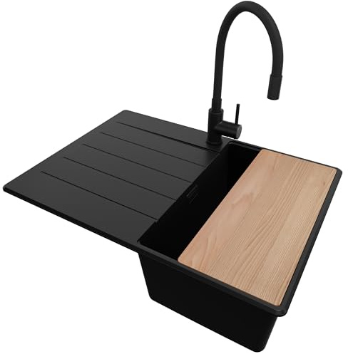 PRIMAGRAN Granitspüle ab 40er Unterschrank + Küchenarmatur, 70x50cm | Set: Küchenarmatur BW6020 + Ablauf-Set + Schneidebrett + Spülbecken 1 Becken - Kopenhagen Top, Alles Schwarz