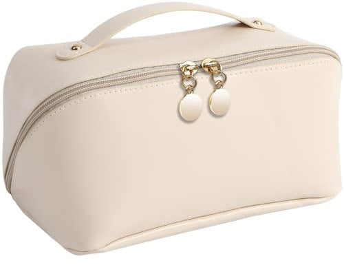TOPALL Kosmetiktasche Reise Damen,Beauty Case PU Leder,Groß Make Up Tasche,Portable Schminktasche Kulturtasche Organizer mit Kapazität für Reisezubehör Travel Essentials Women(Smooth White)