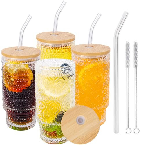 BELICOO 4 Pack 320ml Drinking Glasses with Glass Straws, Vintage Embossed Iced Coffee Cups, Drinking Glass Cups Glassware with Lids and Straws for Beer, Water, Cocktail, Whiskey, Juice, Soda