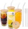 BELICOO 4 Pack 320ml Drinking Glasses with Glass Straws, Vintage Embossed Iced Coffee Cups, Drinking Glass Cups Glassware with Lids and Straws for Beer, Water, Cocktail, Whiskey, Juice, Soda