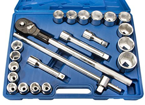 Coffret de douilles 6 pans métriques poids lourds 3/4, 22 pièces avec clé cliquet et rallonges.