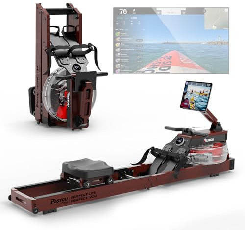 PASYOU Rudergerät für Zuhause aus Eiche, Wasserrudergerät klappbar mit Bluetooth Display &30 Tage kostenlose Kinomap-Mitgliedschaft,Rudermaschine mit Verstellbarer Tablethalterung 150kg belastbar PW60