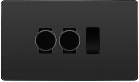 BG Evolve Black Chrome 3 Gang Custom Grid Switch 2x LED Dimmer 1x 2 Way Switch