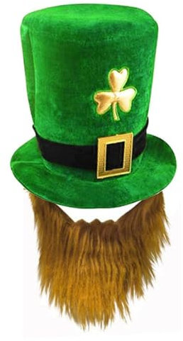 AWAVM Erwachsene Deluxe Green Leprechaun Zylinder mit Ingwer Bart St. Patrick's Day Zubehör Samt Hut Einheitsgröße Irisches Kostüm Zubehör für Männer und Frauen