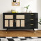 HAINEW Moderner Sideboard Kommode mit 2 Rattan Türen und 3 Schubladen, Aufbewahrungsschrank Buffetschrank Beistellschrank mit Gold Dekoration für Küche, Esszimmer und Wohnzimmer, Schwarz