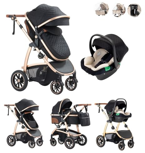 Kakbgee 3-in-1 Buggy Kinderwagen, Klappbar Reisebuggy mit ECE R129 Babyschale, Kinderwagen mit Höhenverstellbarem Griff, Kinderbuggy mit Aluminium-Rahmen, Stroller Baby mit Regenverdeck, für 0-4 Jahr