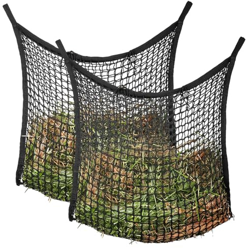 APACALI 2 Stück Heunetz Heusack für Pferde, 80 x 90cm Heutasche groß, Pferdeheunetz mit 4 Karabinerhaken, Heunetztasche Füllmenge 10kg, Schwarz