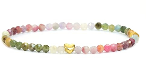 LAKADA Echtes Regenbogenturmalin Edelstein Armband mit facettierten 4mm Perlen und Edelstahlherz Heilstein Schutzstein Edelsteinarmband Glücksbringer Talisman Geschenk (Regenbogenturmalin, 18CM)
