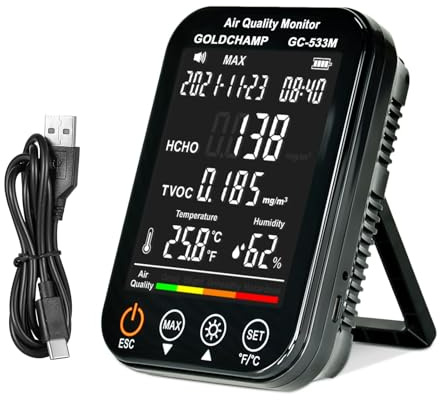 Portable Air Quality Monitor Indoor 4-in-1 Air Quality Monitor with HCHO | TVOC, Temperature (℃/℉) & Humidity Sensor Air Analyzer with Digital LCD Screen, Sound 533M GOLDCHAMP