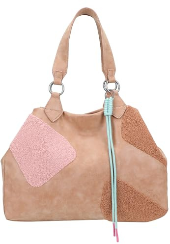 Fritzi Izzy Medium Limited Happy Flocked Shopper Kunstleder Damen Handtasche Festival City vegan Flockdetails Kordelanhänger 29 x 42 x 15 cm – Braun, Pink, Grün, Beige