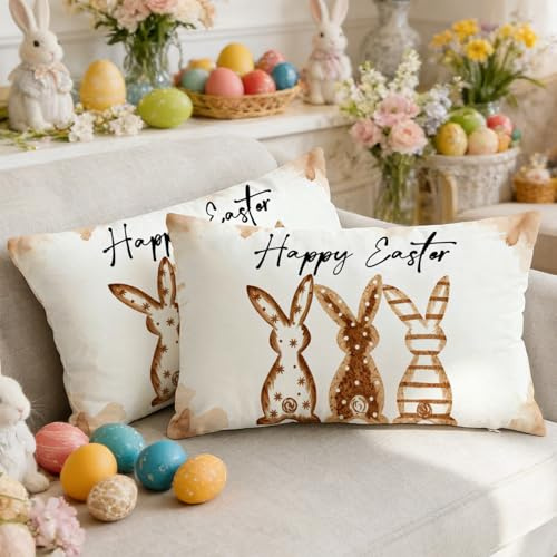 Luzzxfa Ostern Kissenbezug 30x50 cm Happy Easter Osterdeko Sofakissen Kaninchen Kissenbezüge Outdoor Kissen Frühling Kissenhüllen Deko Urlaubsparty Picknick Garten 2er Set Braun