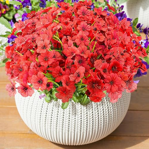 XIANNVXI 16 Bundles Red Outdoor Artificial Flowers UV Resistant Silk Fake Faux Garden Plants Decorative Artificial Red Flowers for Outdoor Garden Hanging Basket Porch Patio Window Box Balcony