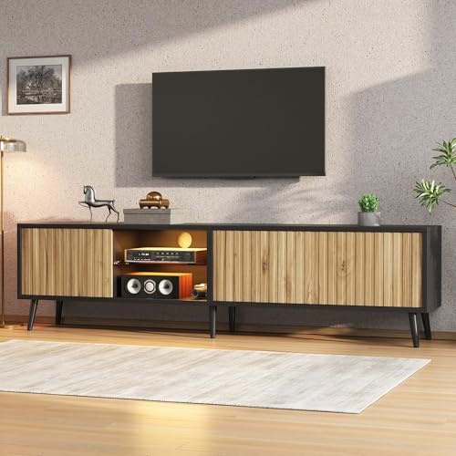175cm TV Schrank Holz, Lowboard Stehend Für 75 Zoll Fernseher - Fernsehboard Mit 3 Türen und Glasablagen - TV Board für Wohnzimmer,175cm a