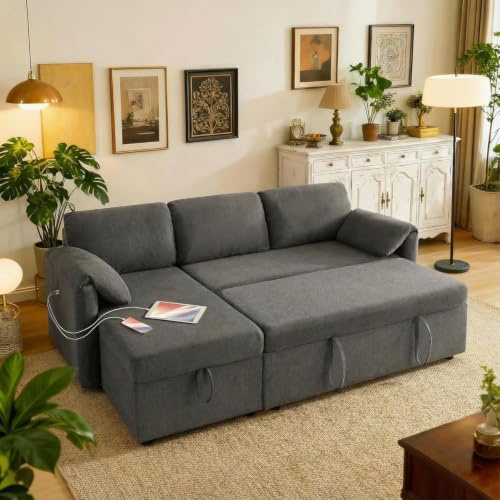 Kingfun 211cm Ecksofa mit Schlaffunktion & Bettkasten, 3-Sitzer ausziehbares L-Form Schlafsofa mit USB & Stauraum, Kleines Schlafcouch Sofa Bett für Wohnung und Wohnzimmer