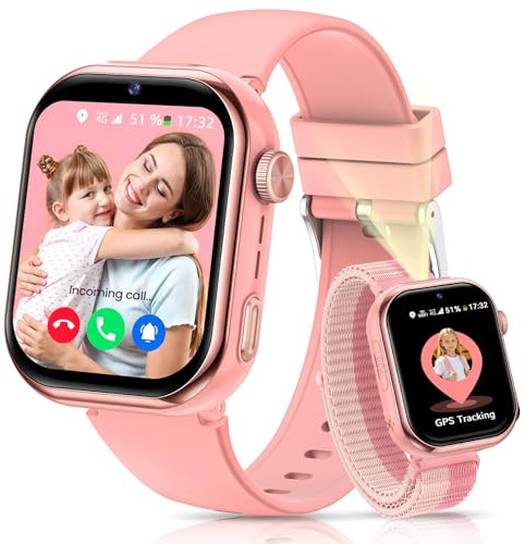 4G Reloj Inteligente Niños GPS, Videollamada, Llamadas, Linterna, Rosa | Chat de Voz, SOS, Modo Escuela, Despertador, IP68, Sueño, Podómetro, Flashcard, Smartwatch Niños Regalo para Niños Niñas