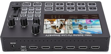 Jectse Conmutador de Vídeo 4K con Pantalla de 5 Pulgadas, Interfaz Multimedia HD de 4 Canales, Vista Múltiple en Tiempo Real, 30 Efectos de Transición, Chroma Key, Pip, para Transmisión (Enchufe de