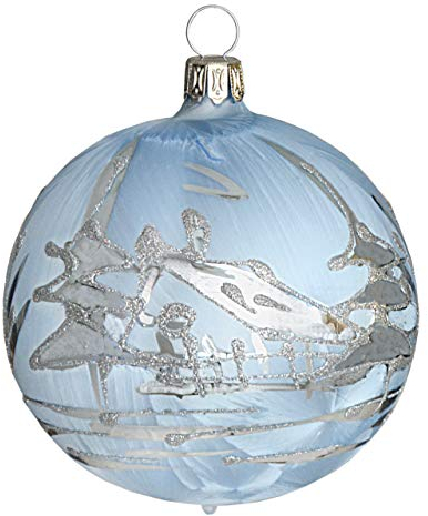 Jingle Bells Lauscha Kugel eisblau mit silberner Winterlandschaft 8cm 4Stück per Box